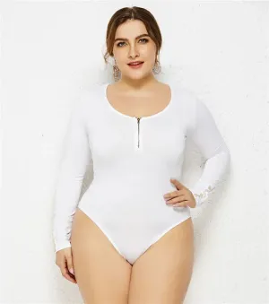 Plus Size Long Sleeve White Bodysuit Zipper V-Neck