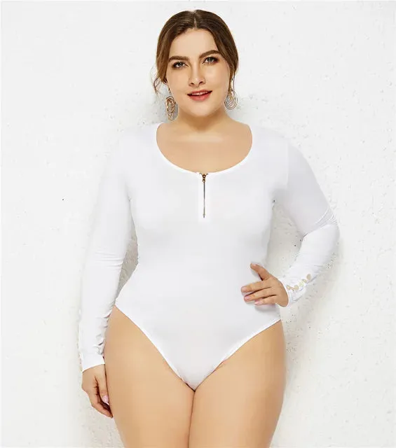 Plus Size Long Sleeve White Bodysuit Zipper V-Neck