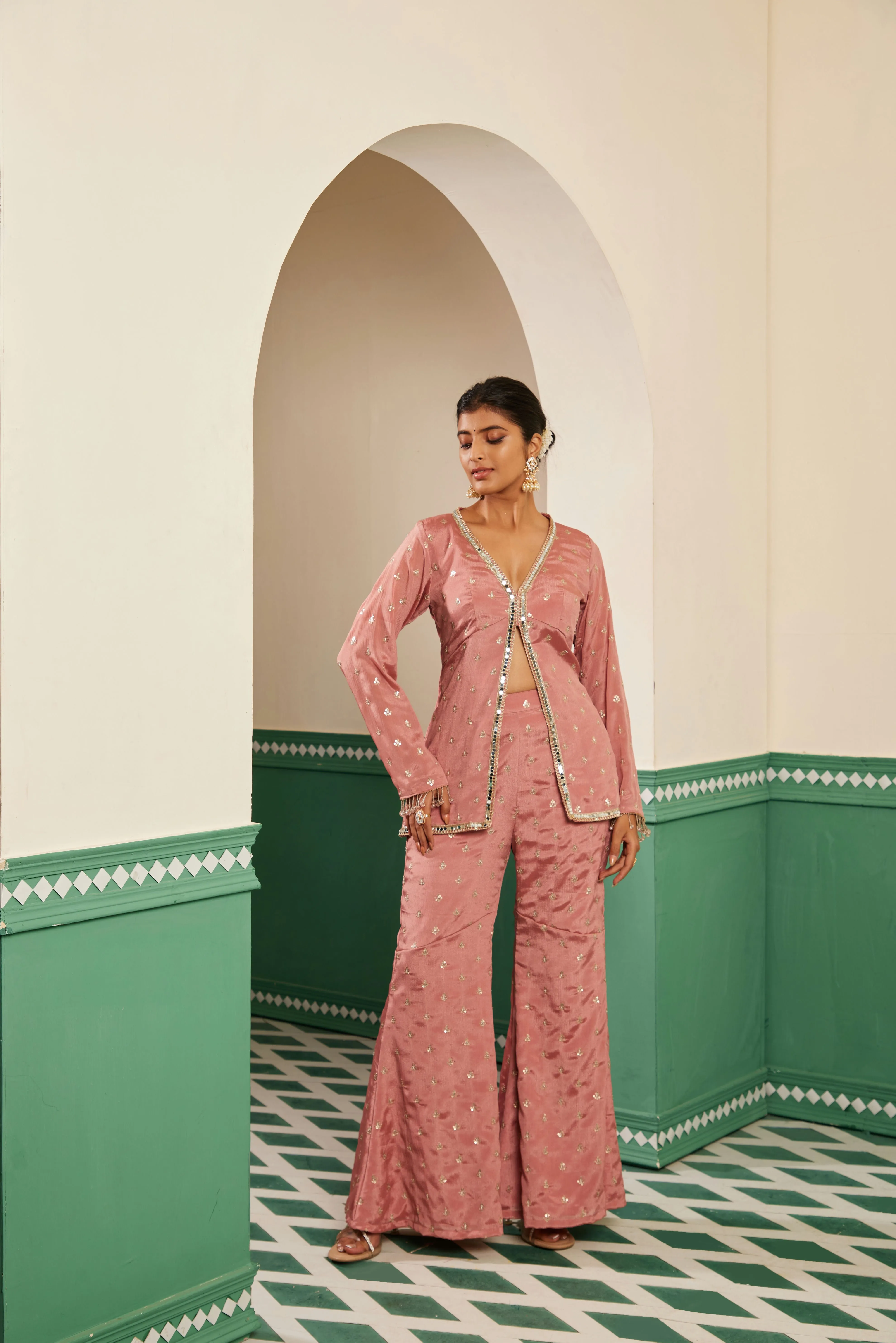 Sajda Onion Pink Embroidered Flared Gharara