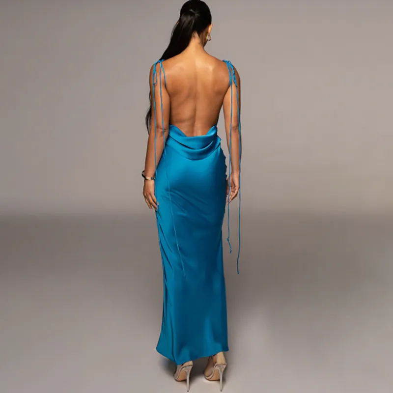 Slip Sheath Satin Ruched Maxi Dress