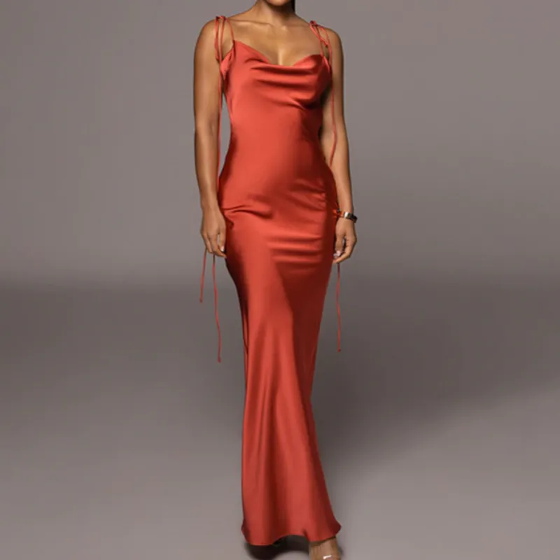 Slip Sheath Satin Ruched Maxi Dress