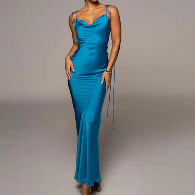 Slip Sheath Satin Ruched Maxi Dress