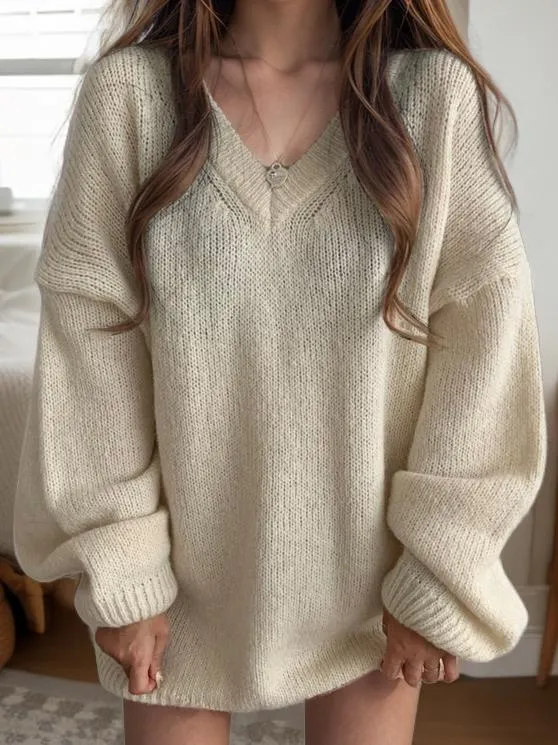 Solid Color V-Neck Loose-fitting Pullover Knit Sweater