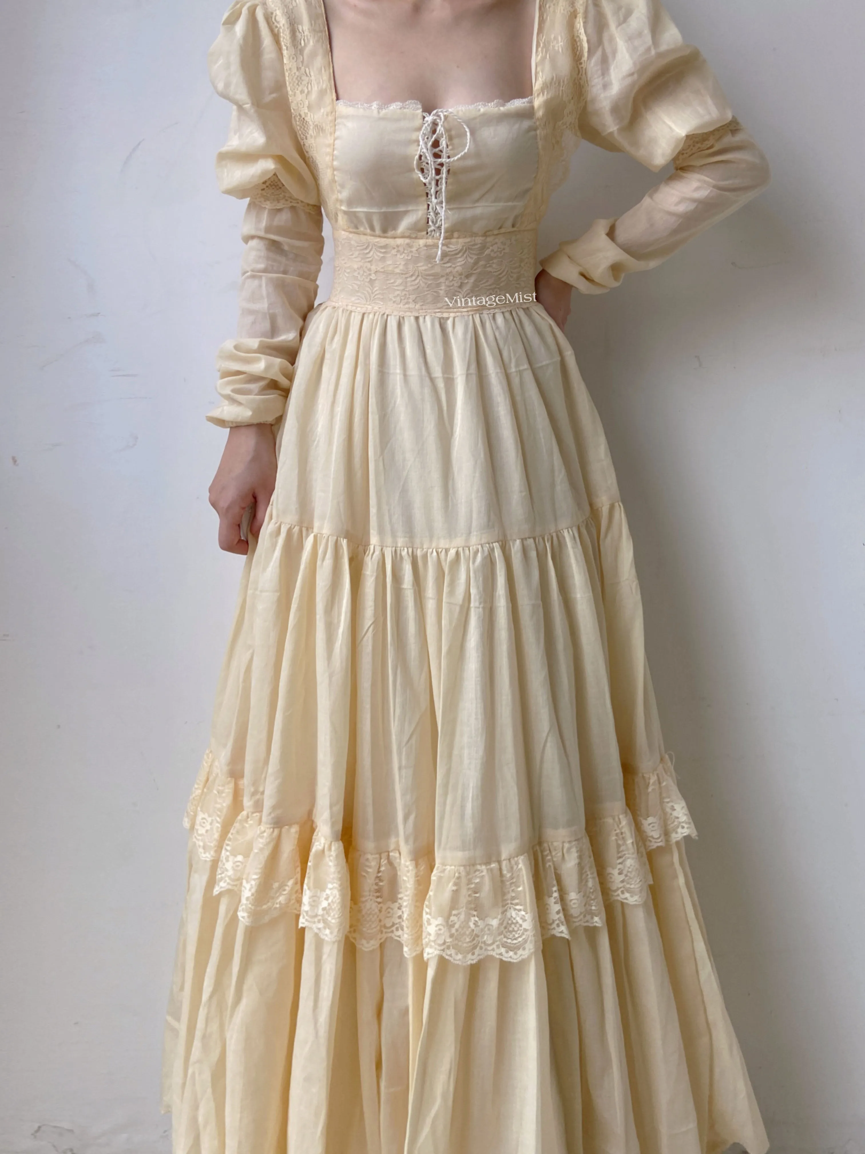 Square Neck Long Lantern Sleeve Lace Maxi Dress