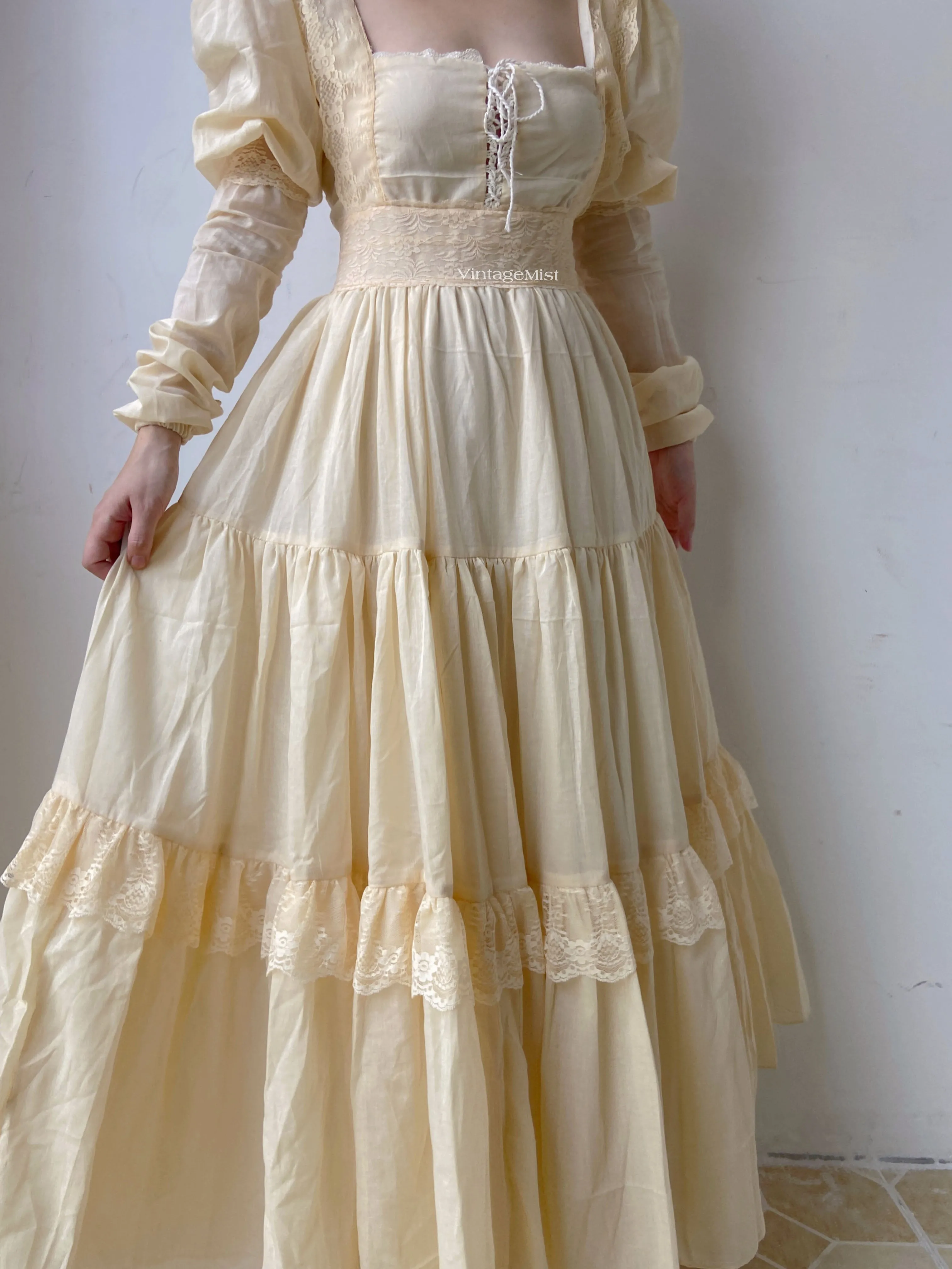 Square Neck Long Lantern Sleeve Lace Maxi Dress