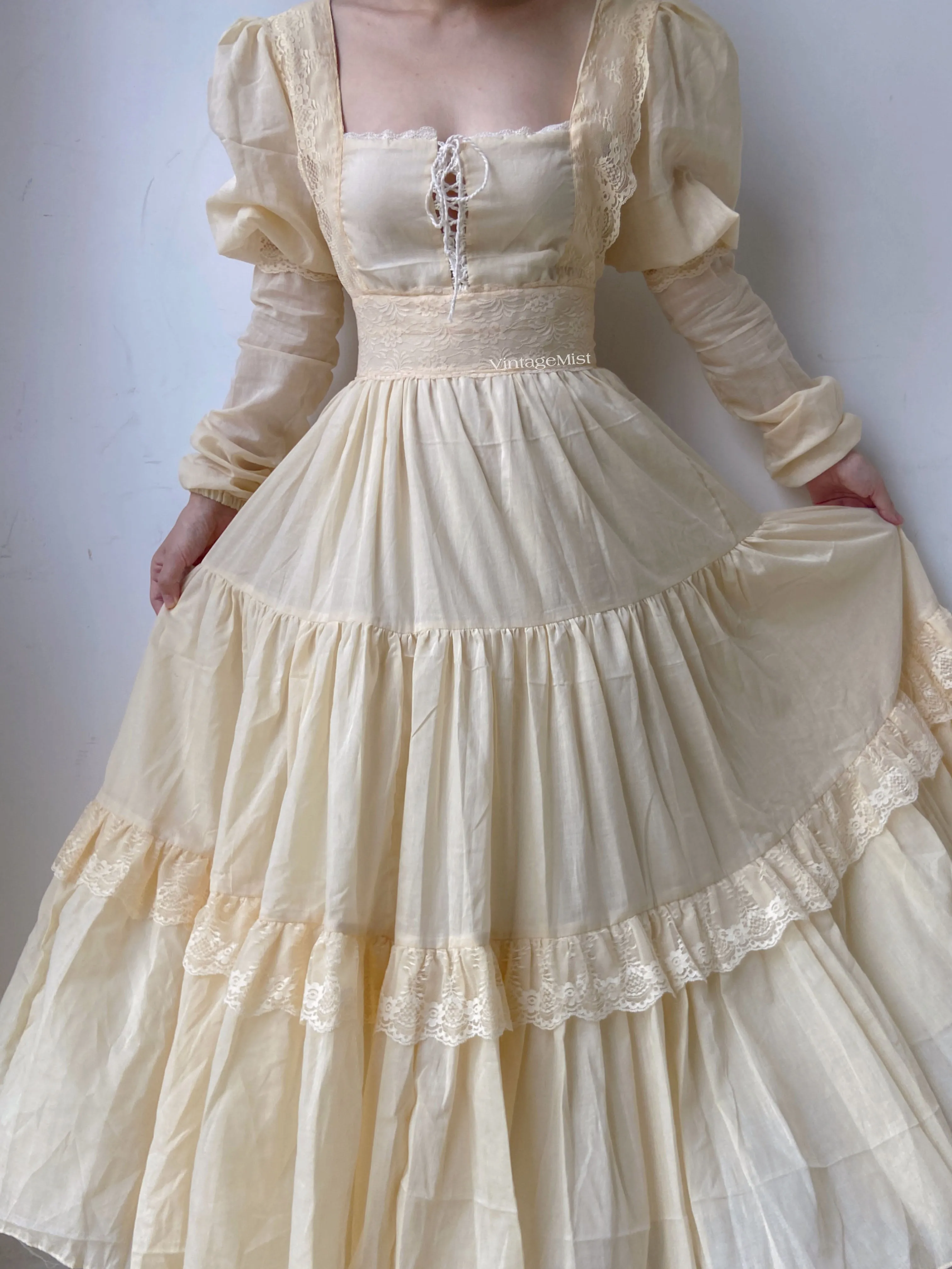 Square Neck Long Lantern Sleeve Lace Maxi Dress