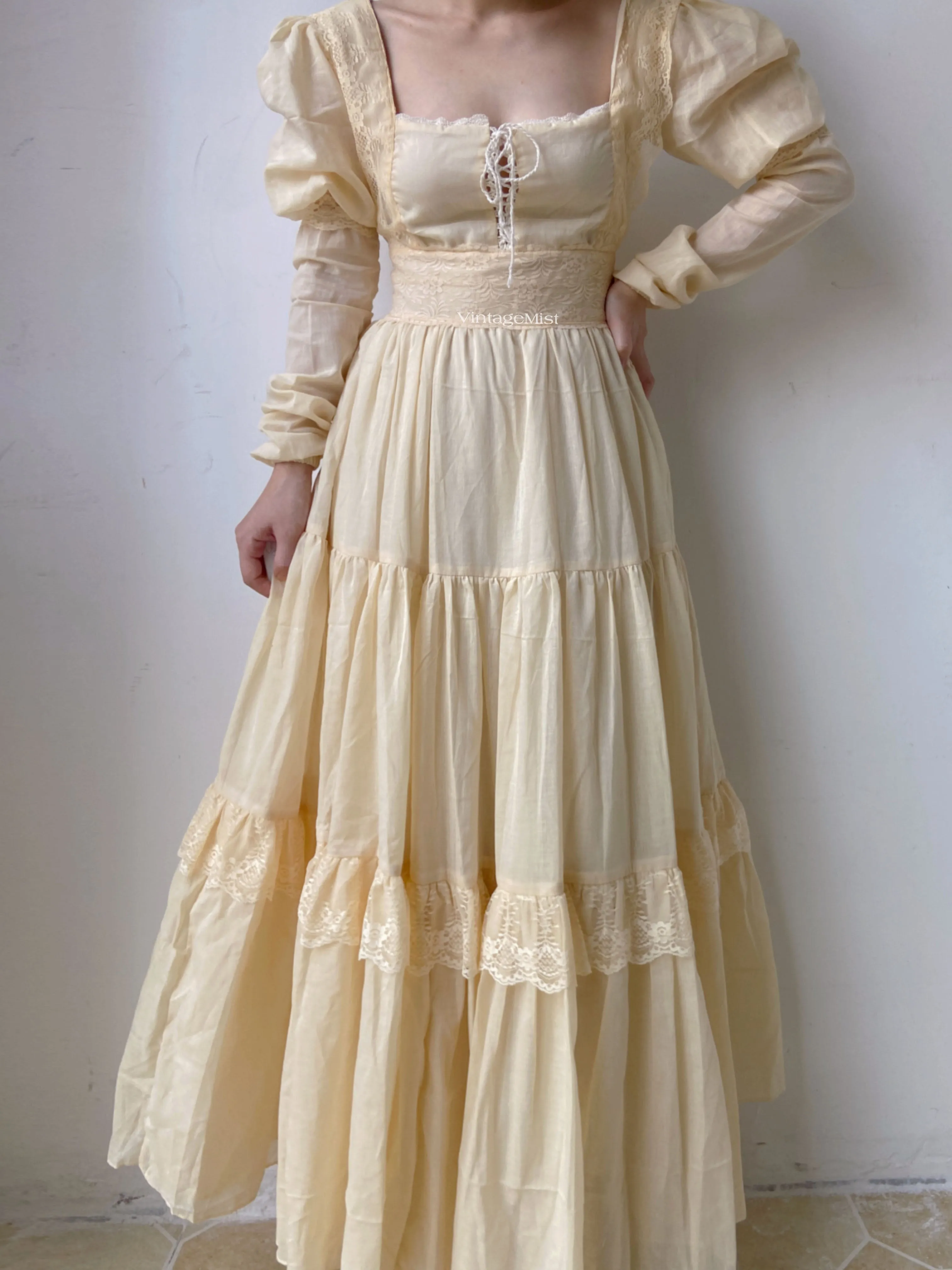 Square Neck Long Lantern Sleeve Lace Maxi Dress