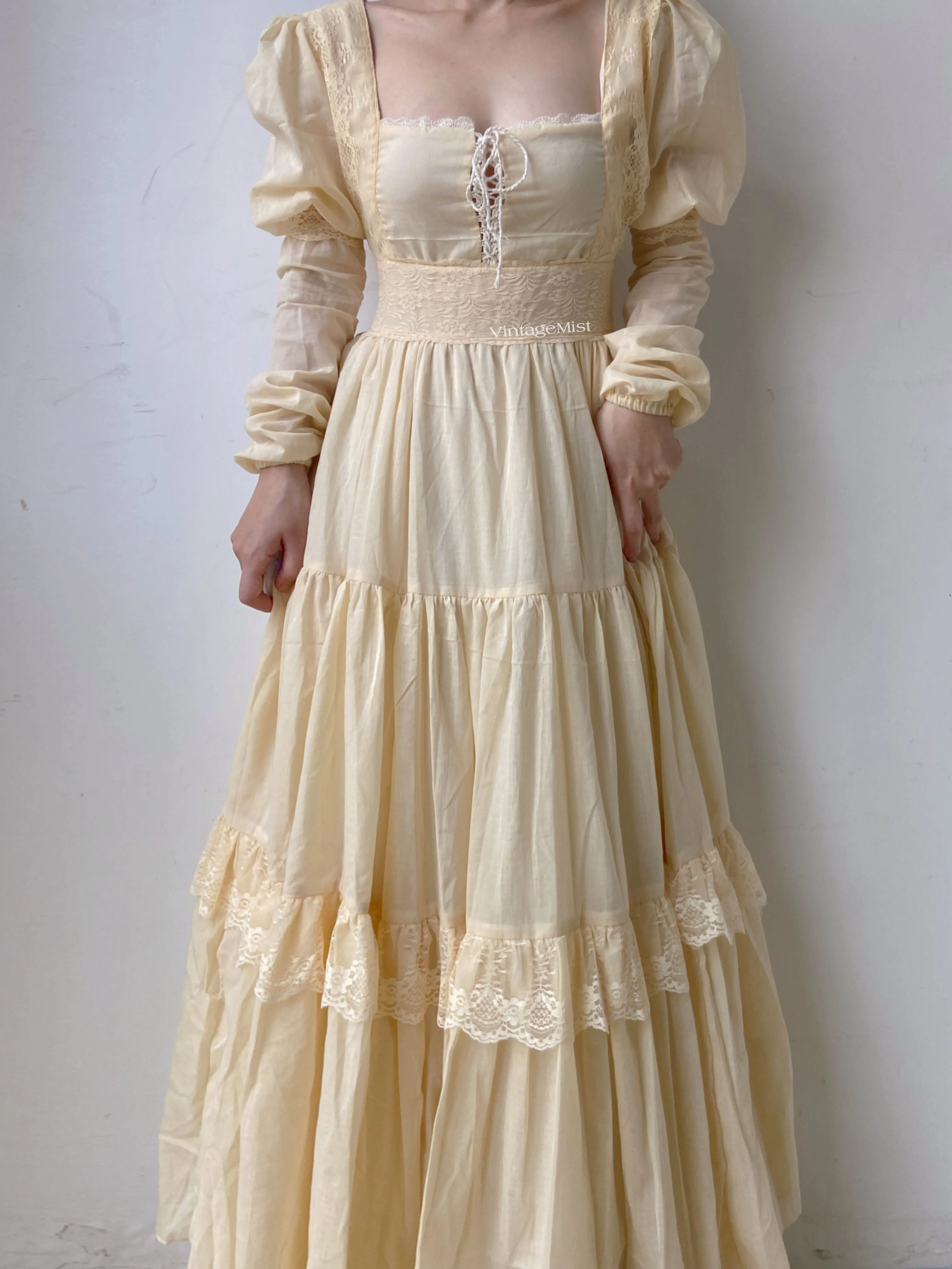 Square Neck Long Lantern Sleeve Lace Maxi Dress