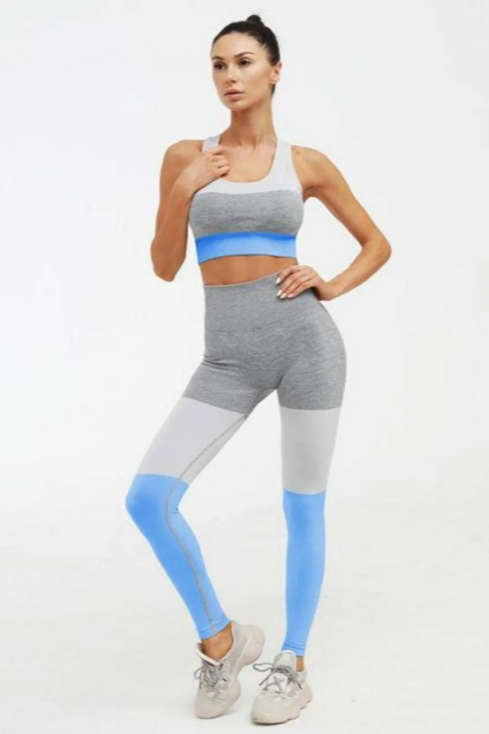 Squat Proof Patchwork Yoga Workout Set - Blue