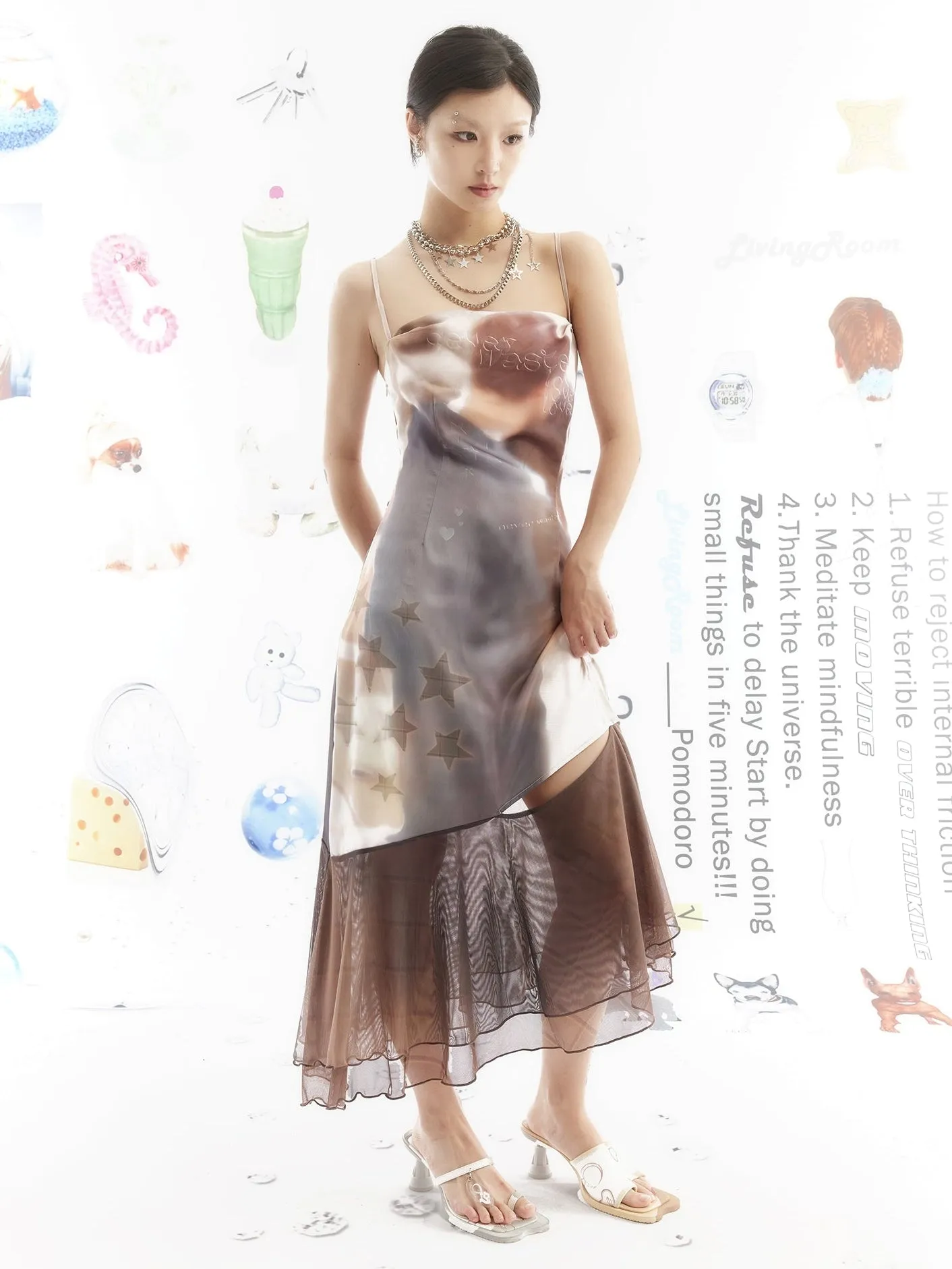 Stars Printed Asymmetric Hem Slip Dress