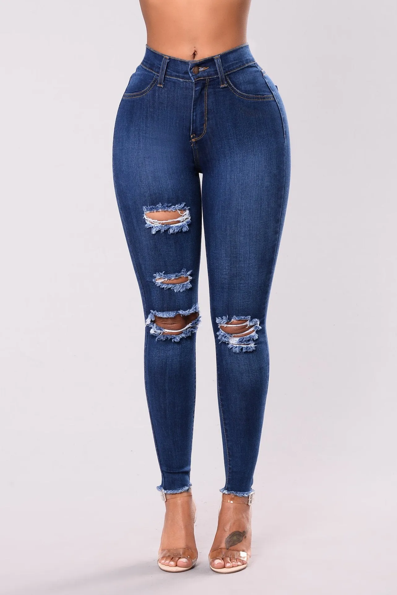 Stretch Mid Waist Ripped Slim Fit Skinny Pants