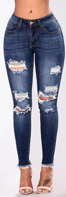 Stretch Mid Waist Ripped Slim Fit Skinny Pants