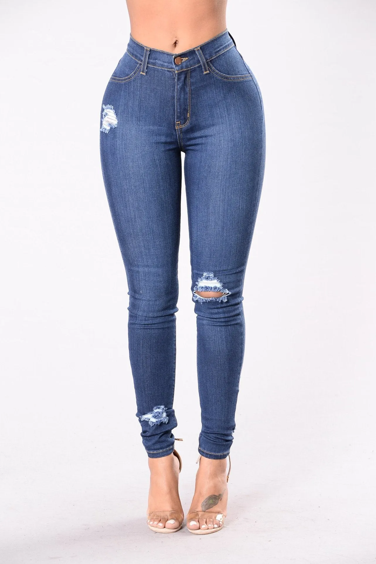 Stretch Mid Waist Ripped Slim Fit Skinny Pants