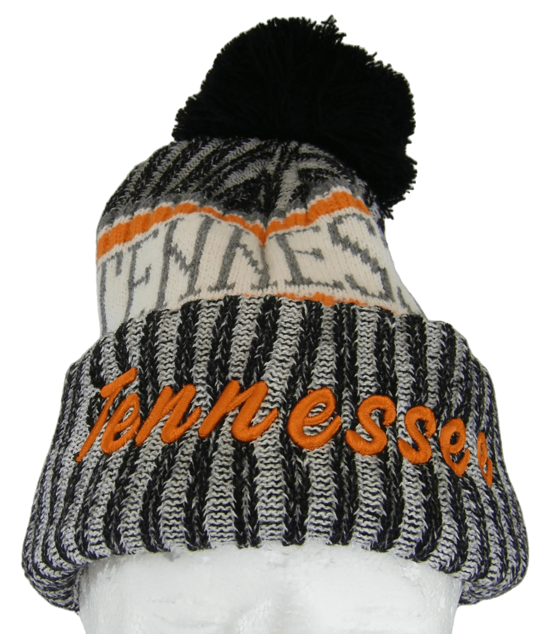 Tennessee Plush Lined Embroidered Winter Knit Pom Beanie Hat (Black/Orange Script)