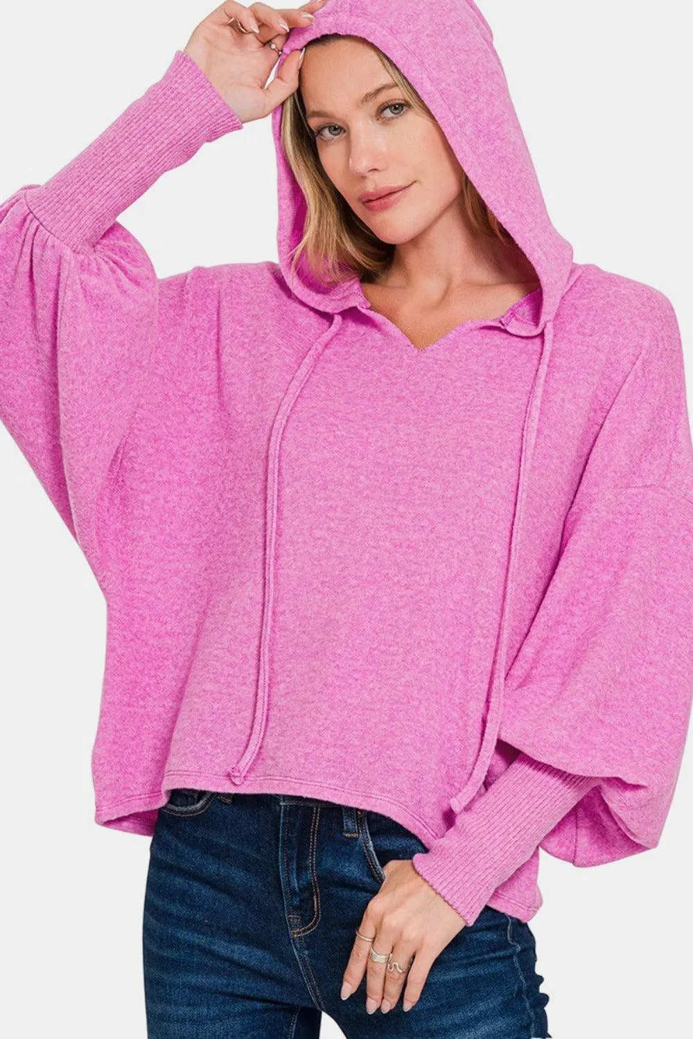 US Zenana Hoodie Brushed Hacci Drop Shoulder Cropped Sweater