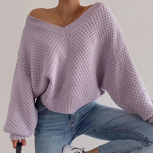 Voguable  Pullovers Women Autumn Winter Sweaters Solid V-Neck Loose Casual Daily Basic Womens Knitted Basic Chic Long Sleeve Sweater