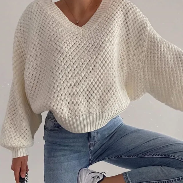 Voguable  Pullovers Women Autumn Winter Sweaters Solid V-Neck Loose Casual Daily Basic Womens Knitted Basic Chic Long Sleeve Sweater