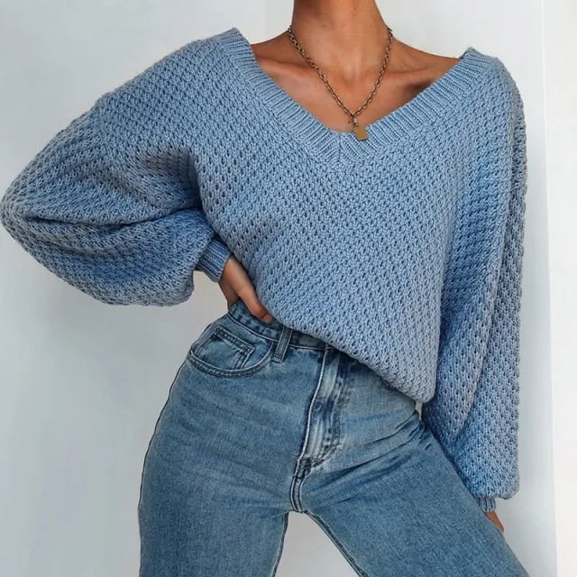 Voguable  Pullovers Women Autumn Winter Sweaters Solid V-Neck Loose Casual Daily Basic Womens Knitted Basic Chic Long Sleeve Sweater