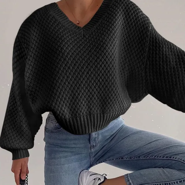 Voguable  Pullovers Women Autumn Winter Sweaters Solid V-Neck Loose Casual Daily Basic Womens Knitted Basic Chic Long Sleeve Sweater