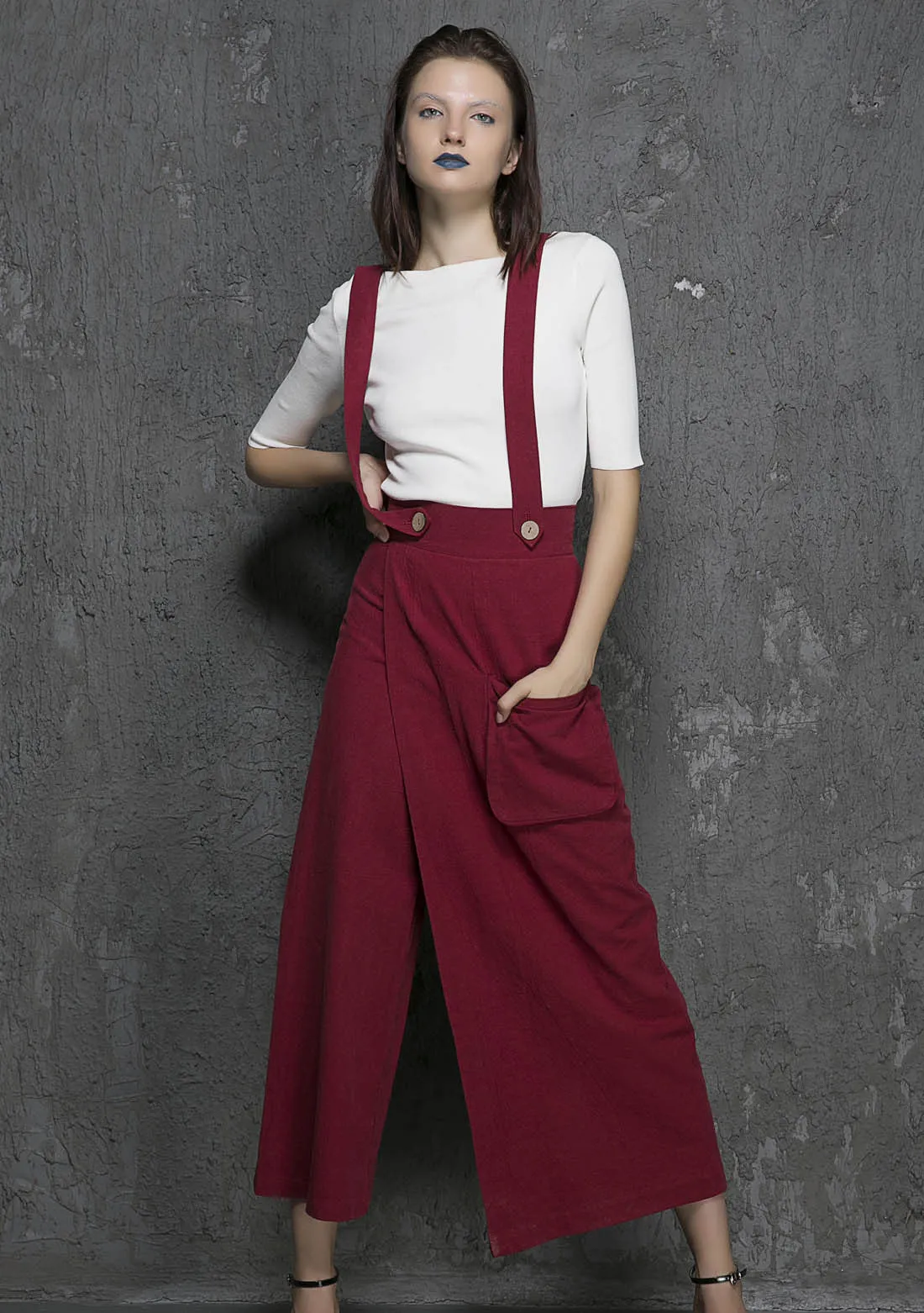 Wine Red Long Suspender Pant Supender Dress Pant(1327)
