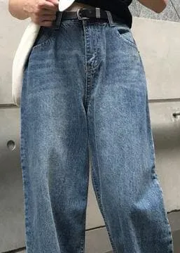 winter vintage denim blue pants high waist wide leg trousers