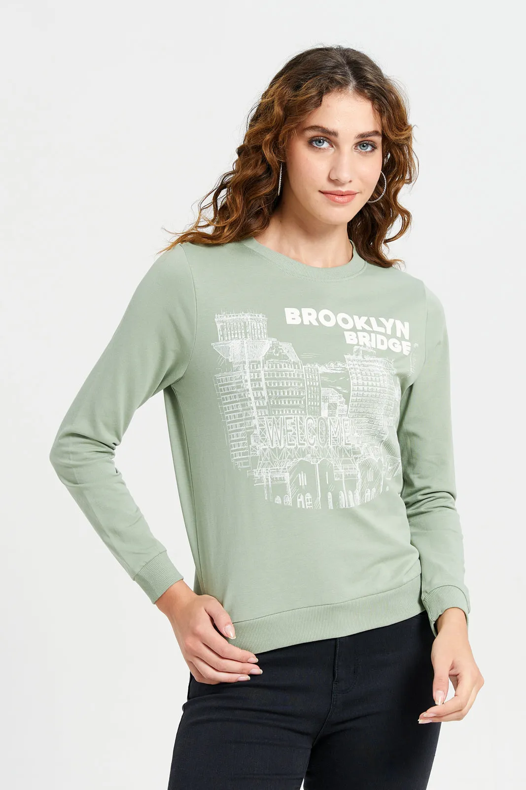 Women Green Brooklyn Bridge Sweatshirt