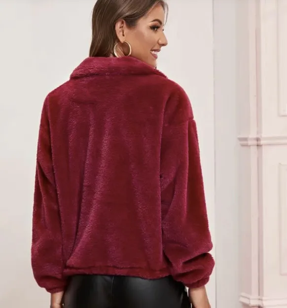 Women Solid Fuzzy Short String Hem Outwear