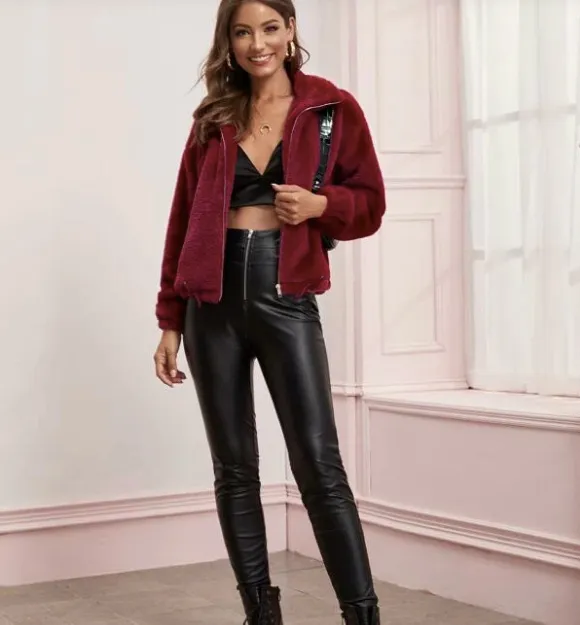 Women Solid Fuzzy Short String Hem Outwear
