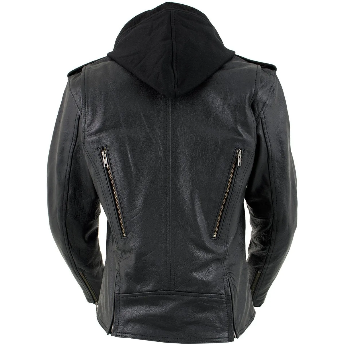 Women’s Black Vented Mc Black Leather Jacket With Removable Hoodie