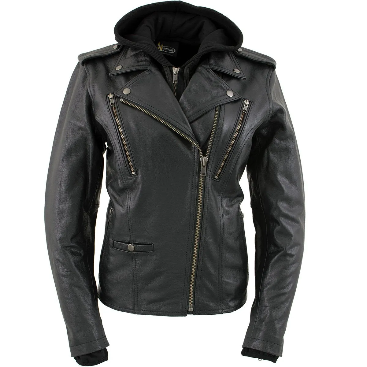 Women’s Black Vented Mc Black Leather Jacket With Removable Hoodie