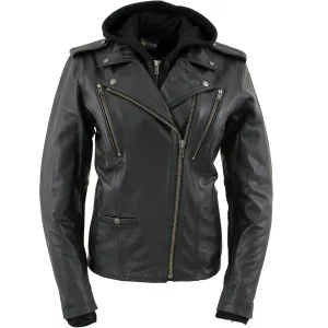 Women’s Black Vented Mc Black Leather Jacket With Removable Hoodie