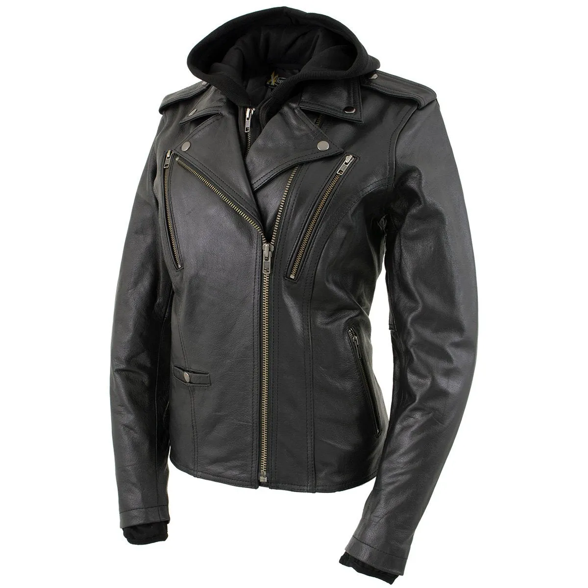 Women’s Black Vented Mc Black Leather Jacket With Removable Hoodie
