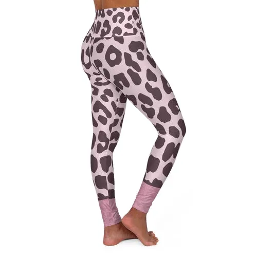 Womens High Waist Fitness Leggings - Heather Pink Leopard Style