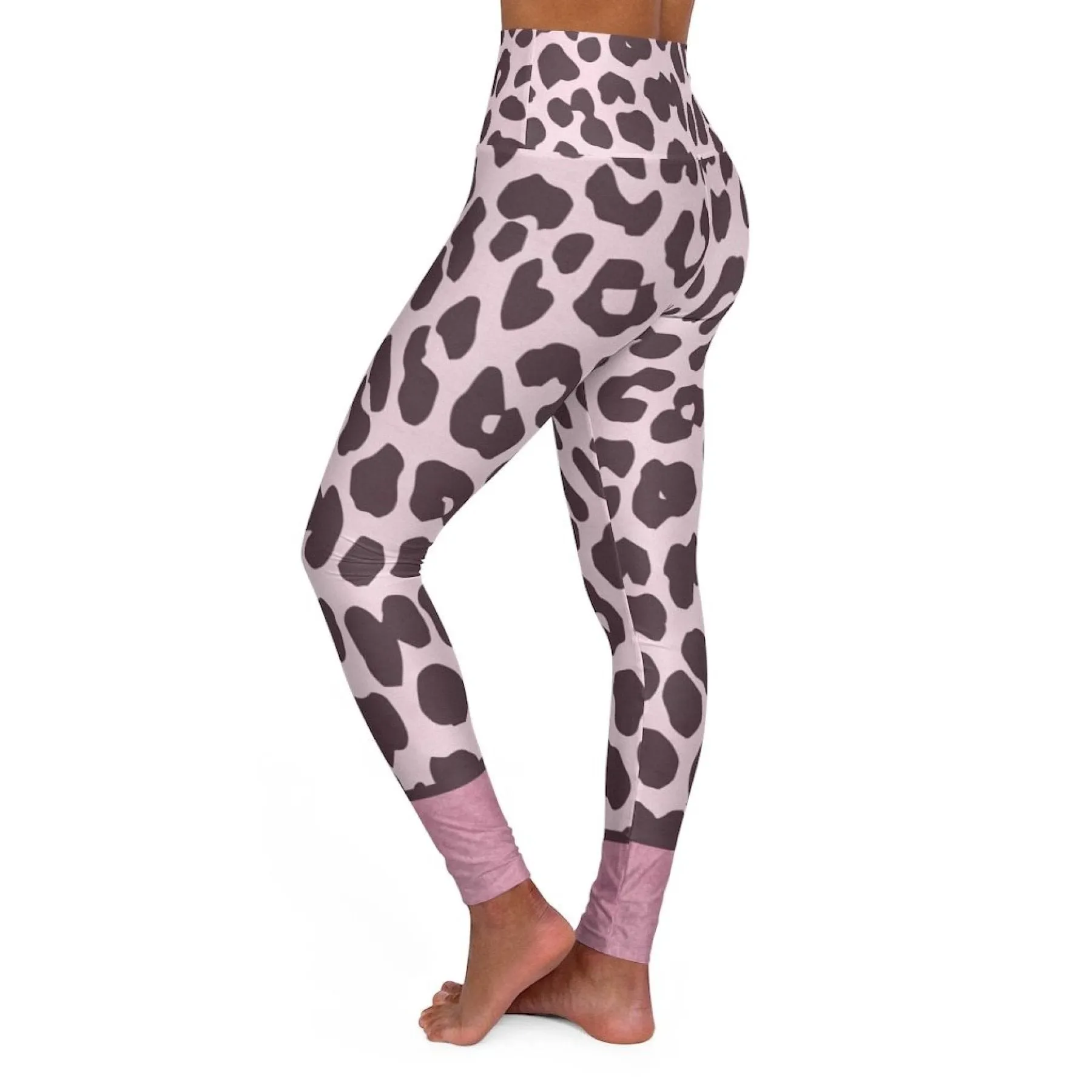 Womens High Waist Fitness Leggings - Heather Pink Leopard Style