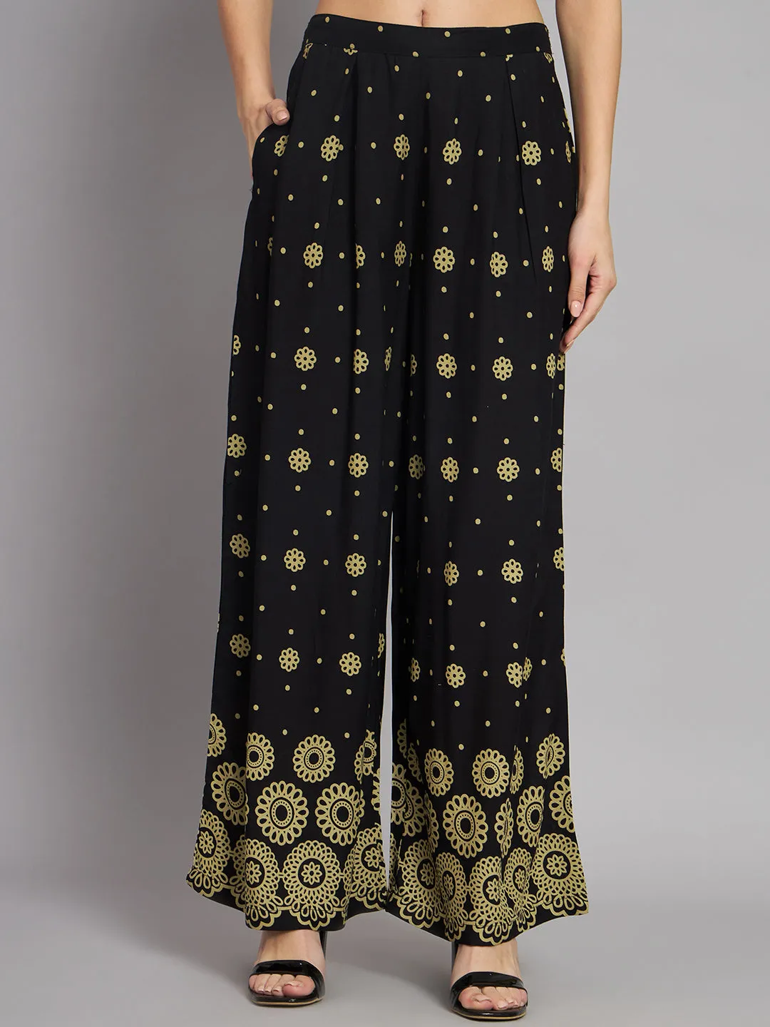 Women's Rayon Black A-Line Kurta and Palazzo