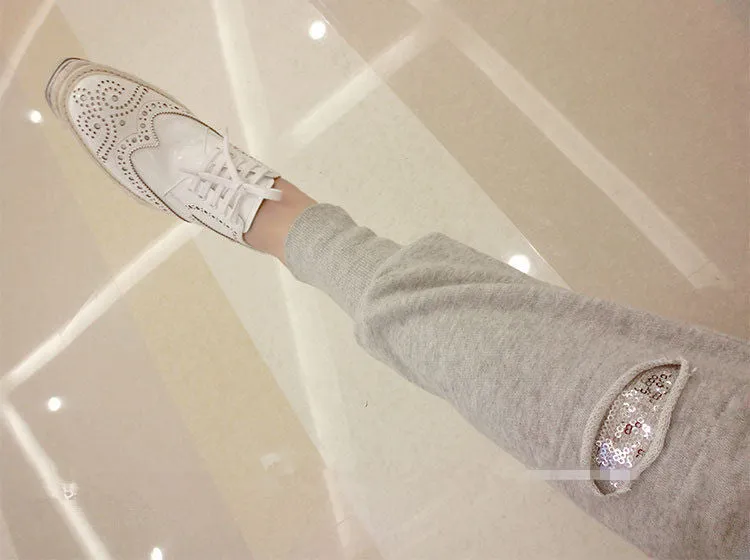 Women's Spring/Autumn Ripped Sequined Sweatpants