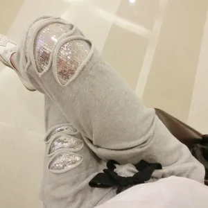 Women's Spring/Autumn Ripped Sequined Sweatpants