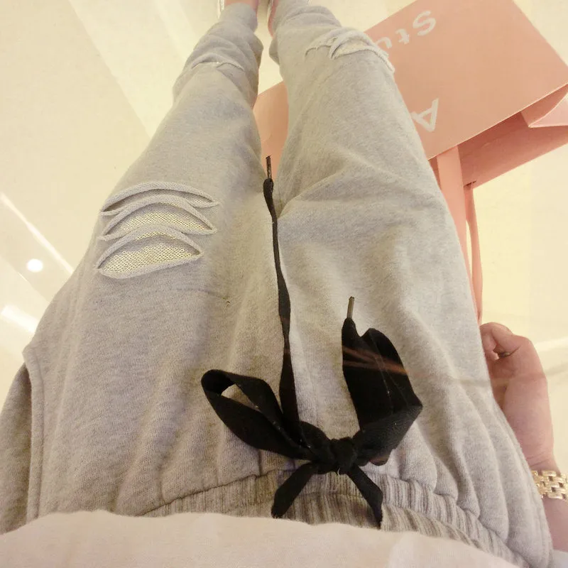 Women's Spring/Autumn Ripped Sequined Sweatpants