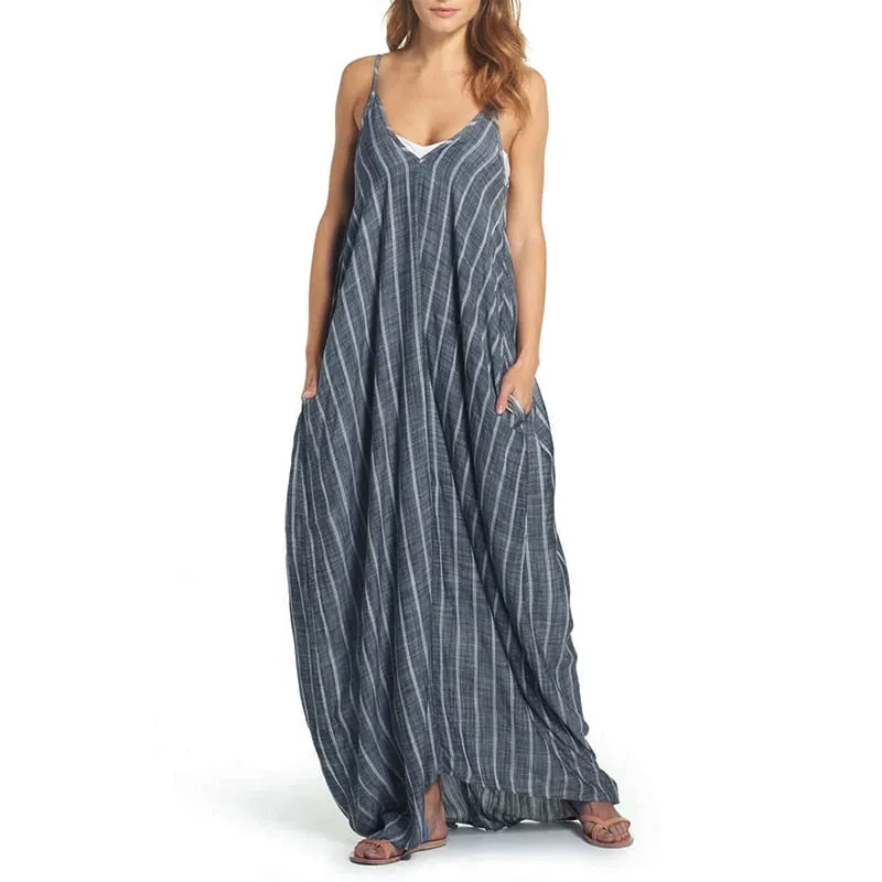 Women's Summer Casual Striped Beach V-Neck Long Dress
