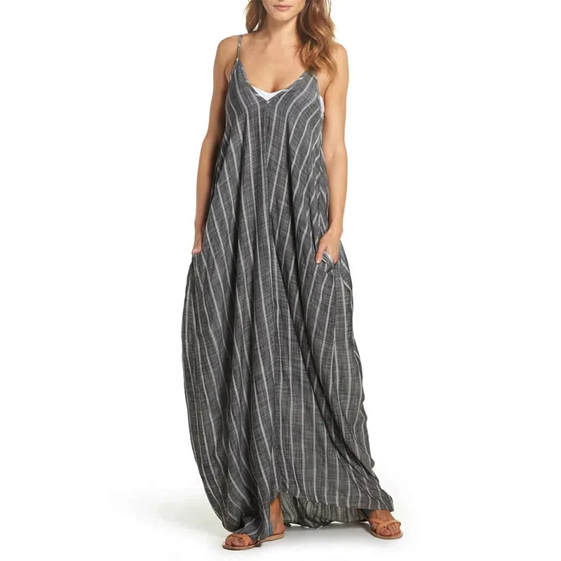 Women's Summer Casual Striped Beach V-Neck Long Dress