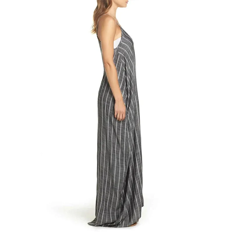 Women's Summer Casual Striped Beach V-Neck Long Dress