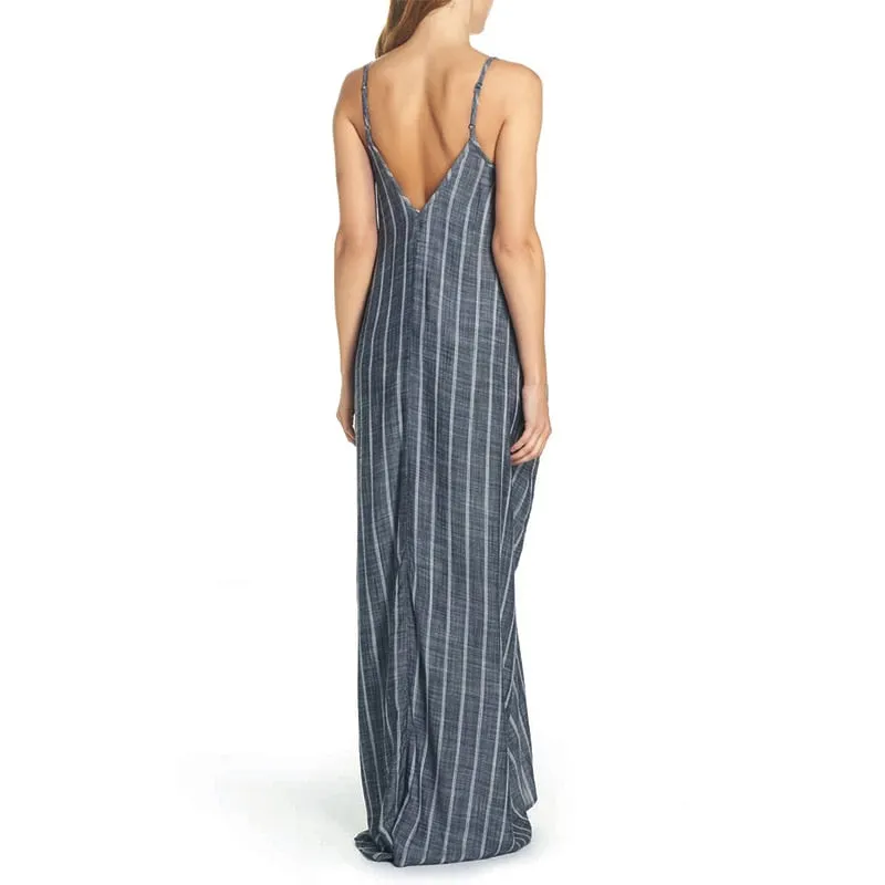 Women's Summer Casual Striped Beach V-Neck Long Dress