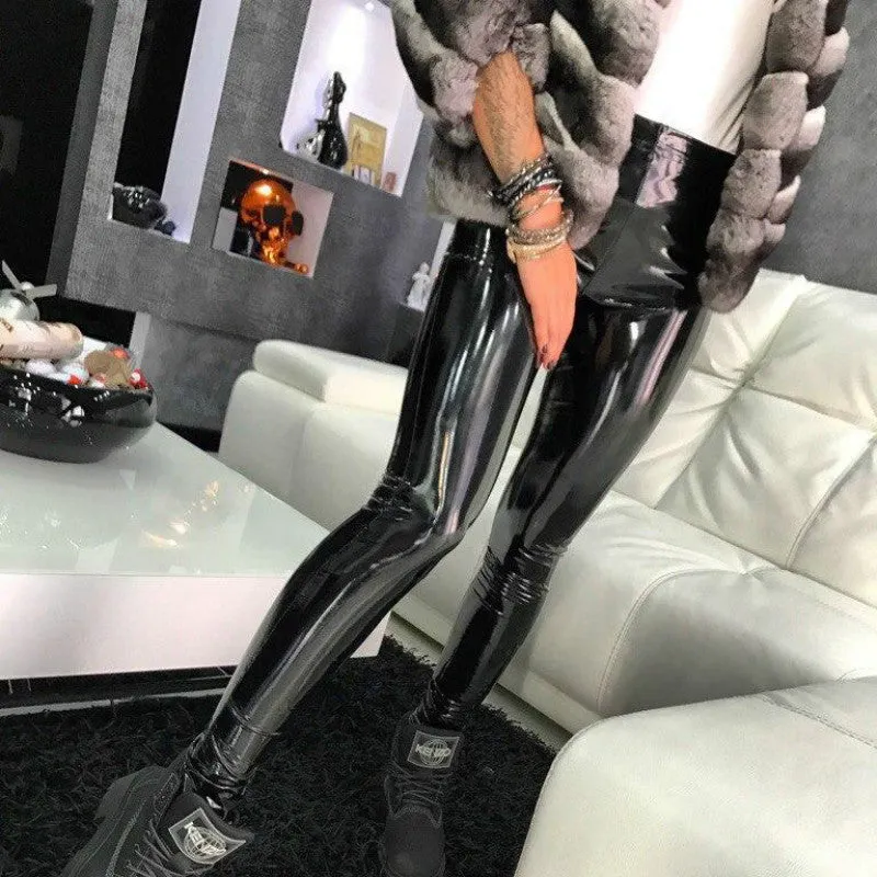 Women's Winter Skinny Faux Leather Mid-Waist Leggings