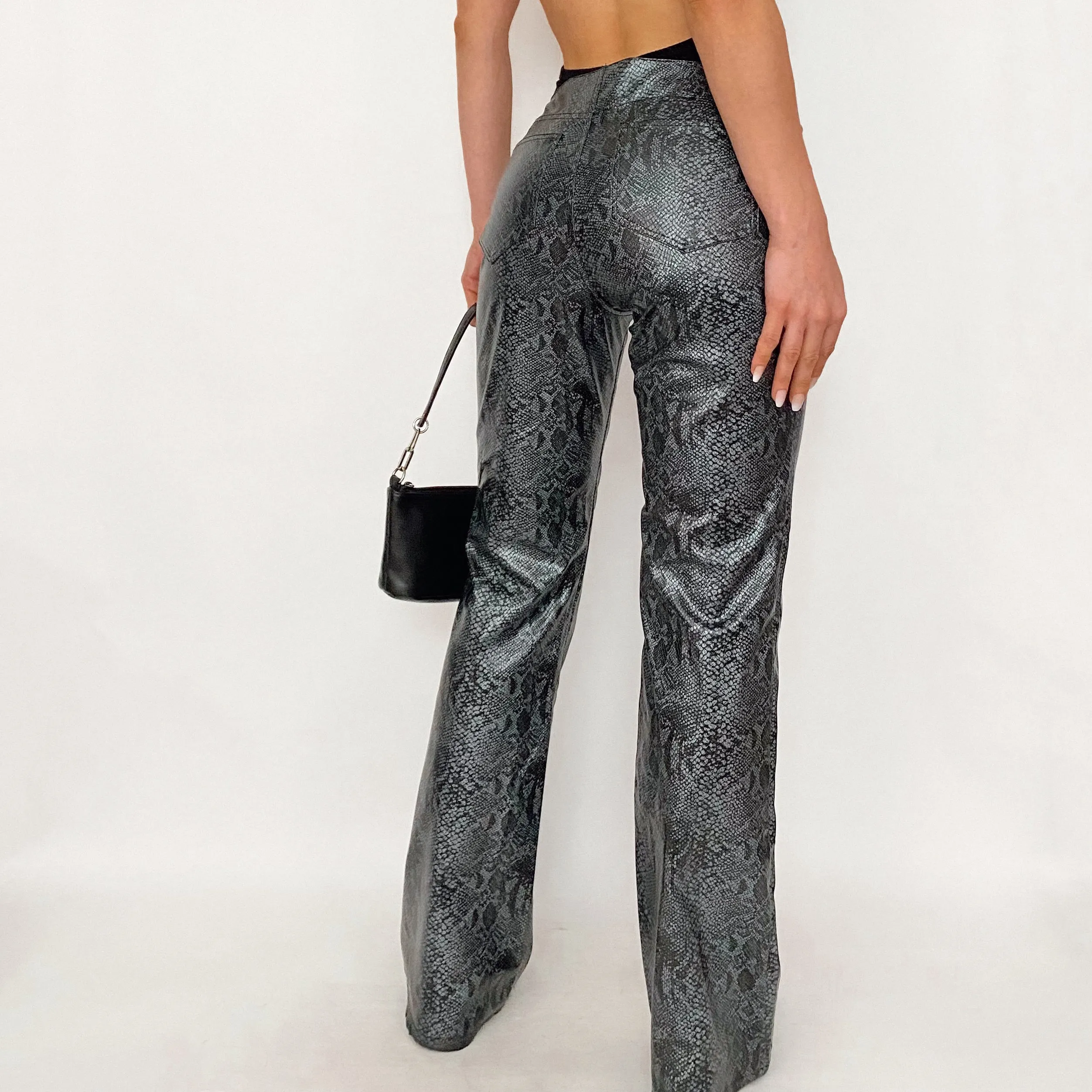 Y2K Snakeskin Leather Pants in Silver Gray
