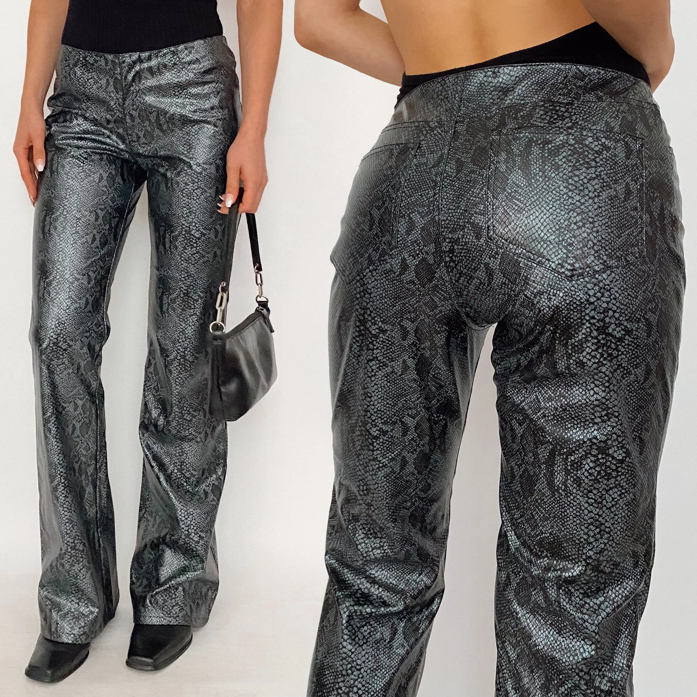 Y2K Snakeskin Leather Pants in Silver Gray