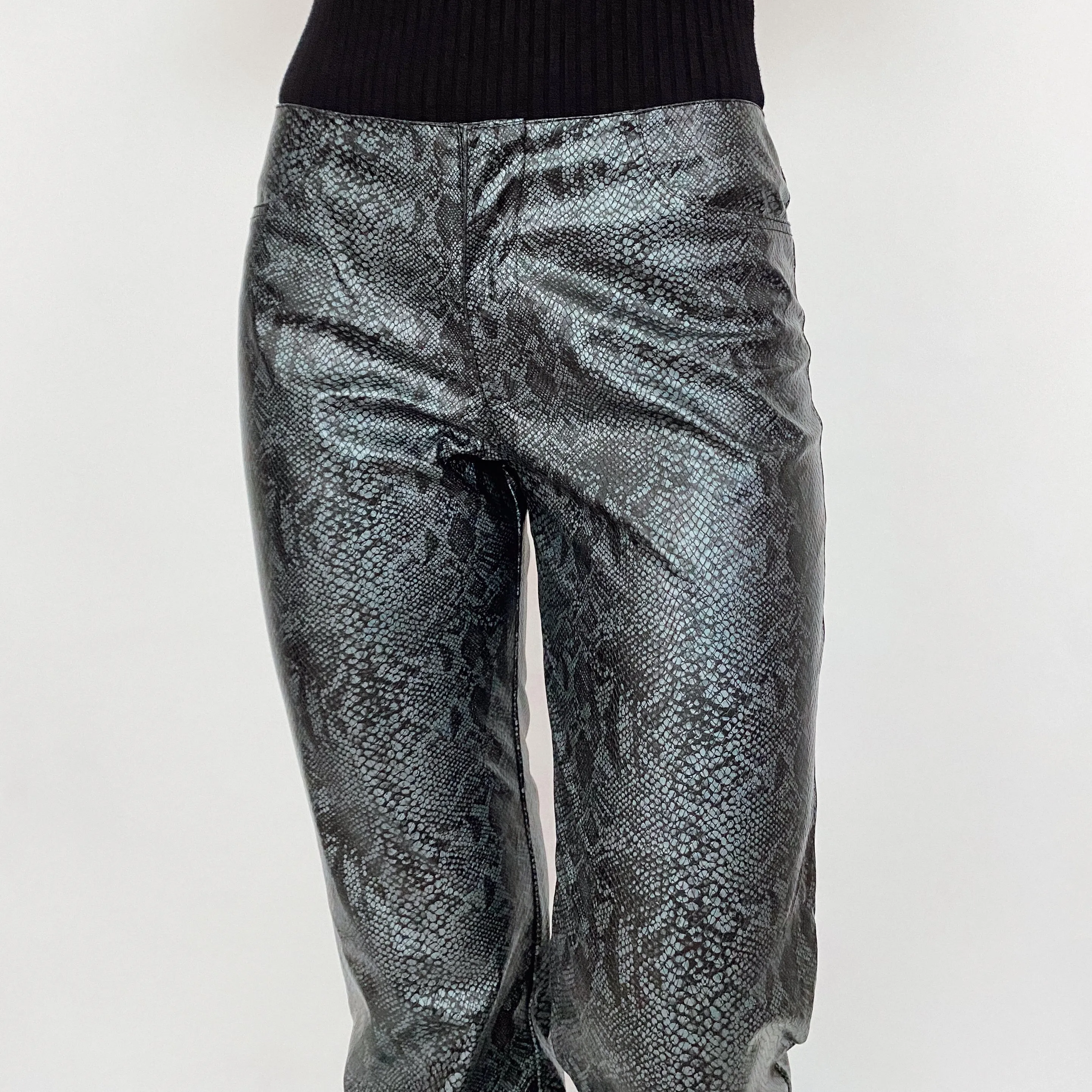Y2K Snakeskin Leather Pants in Silver Gray