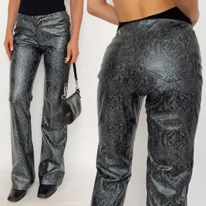 Y2K Snakeskin Leather Pants in Silver Gray