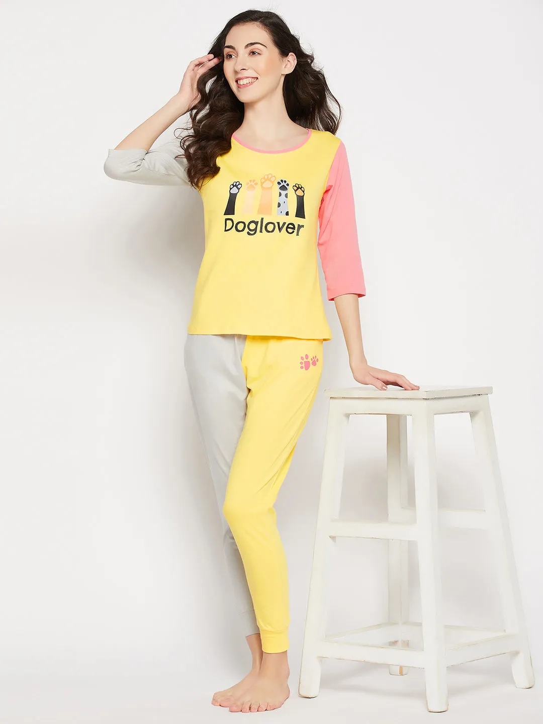 Yellow Cotton Graphic & Text Print Colourblocked Top & Joggers Set