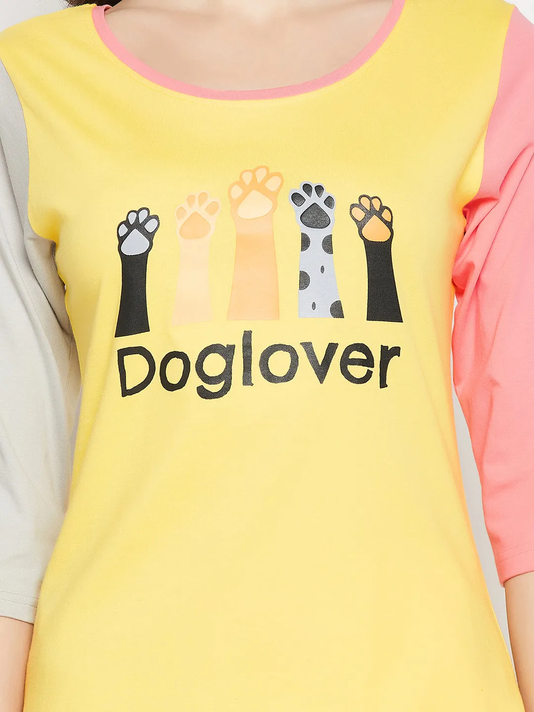 Yellow Cotton Graphic & Text Print Colourblocked Top & Joggers Set