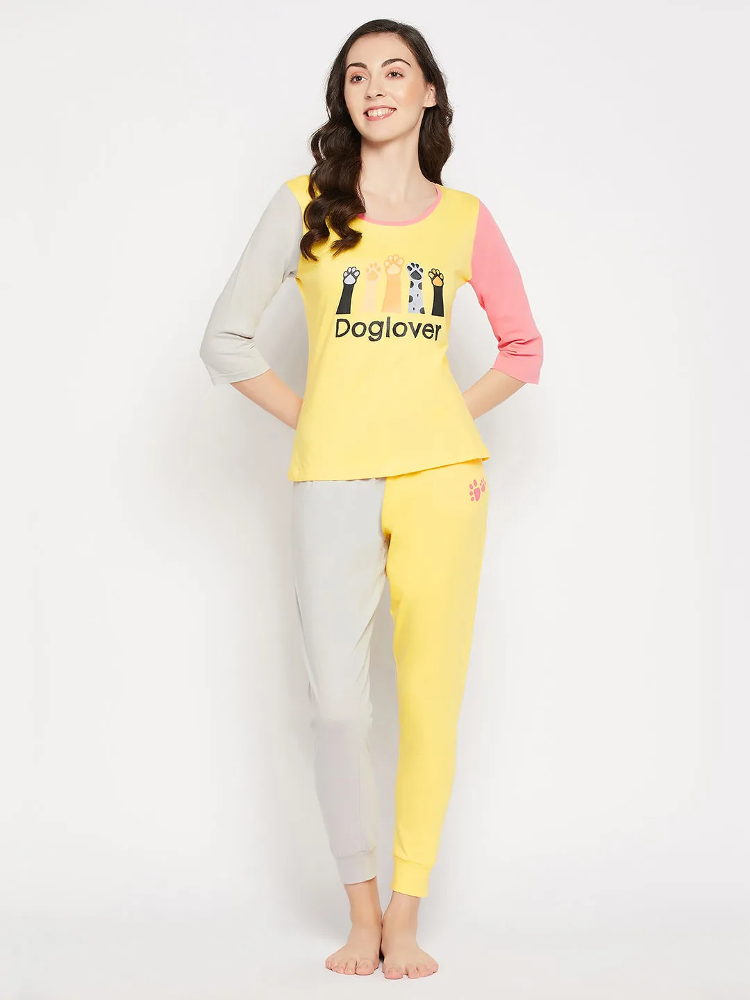 Yellow Cotton Graphic & Text Print Colourblocked Top & Joggers Set